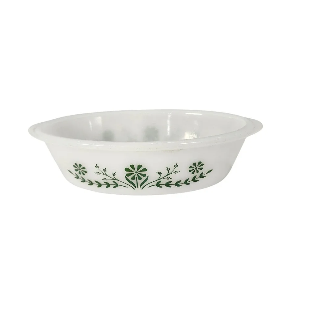 Vintage Glasbake Milk Glass Oval Casserole Dish Green Daisy Floral J-535 USA